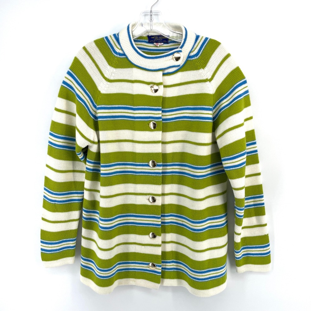 VTG‎ Hand Loomed Striped Cardigan Sweater Womens Large Green Blue White 70s FLAW